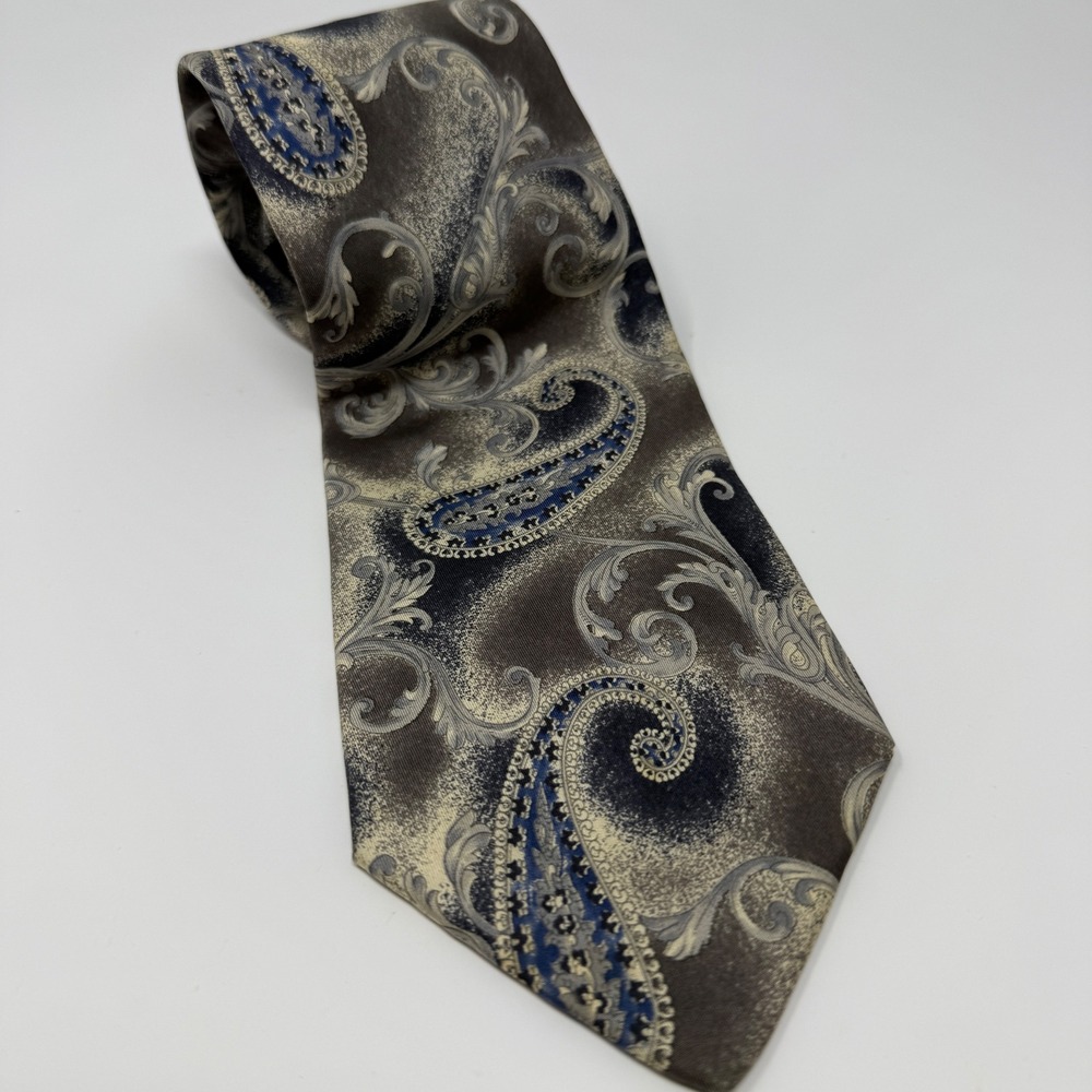 Barrington Mens Silk Necktie Brown Blue Paisley Scroll Made in USA Traditional